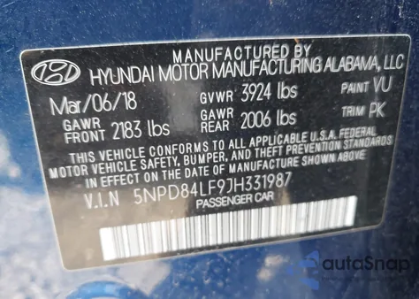 2018 Hyundai Elantra Sel z USA, uszkodzony, nr VIN 5NPD84LF9JH331987